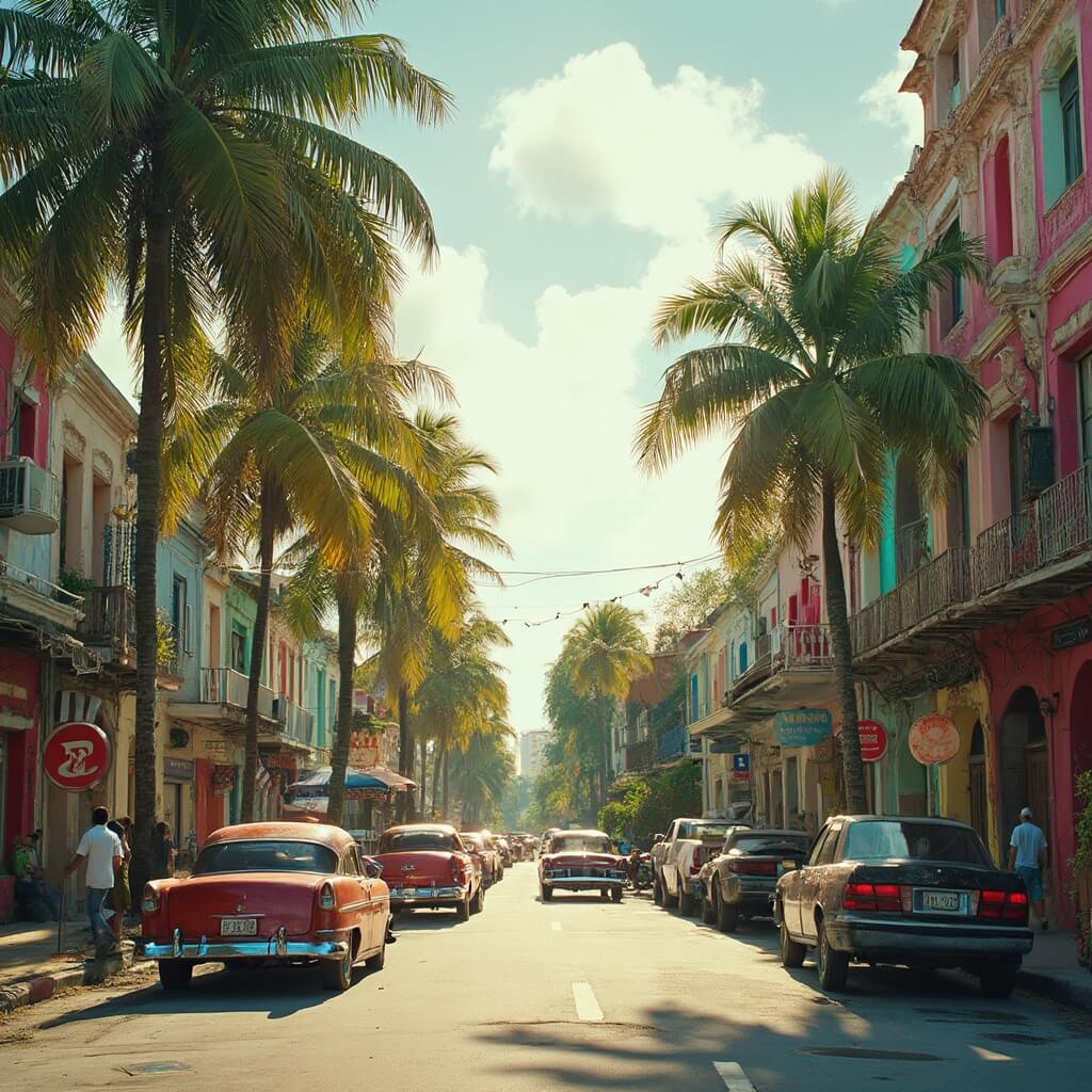 Cuban-American street scene in Hialeah, Miami with palm trees, colorful buildings, people, vintage cars and lush greenery in bright afternoon sunlight