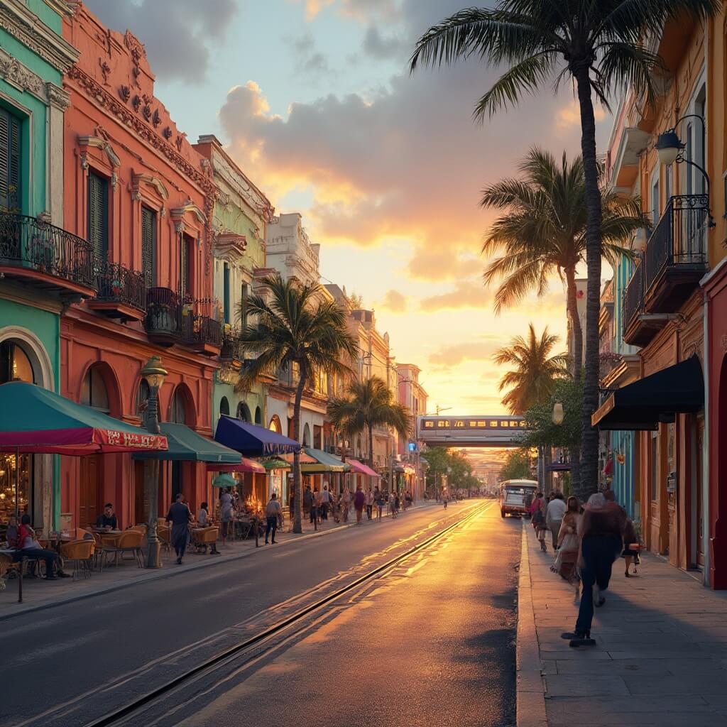 Vibrant Hialeah street scene at sunset showcasing colorful Cuban-style architecture, bustling local vendors, family-owned cafes, modern storefronts, palm tree-lined streets, and the curved Miami Metrorail track