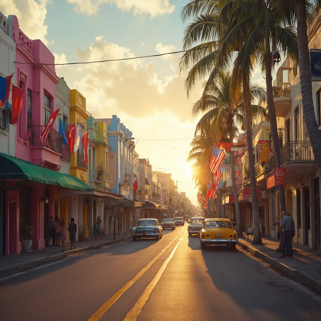 Golden hour street scene in Hialeah featuring colorful Art Deco buildings with Cuban-American flags, vintage cars parked on palm-lined streets, and locals enjoying the vibrant neighborhood atmosphere in Miami-Dade