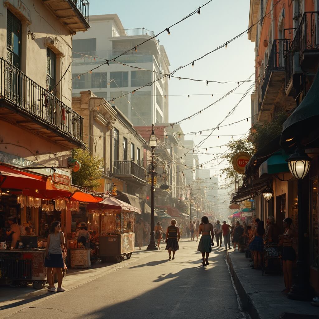 Hialeah in October: Your Ultimate Guide to South Florida's Hidden Cultural Gem Downtown Hialeah street bustling with activity during an October festival, showcasing modern and traditional architecture, decorative lights, food stalls serving Cuban cuisine, craft vendors, and Tri-Rail station in the background, under vibrant autumn colors