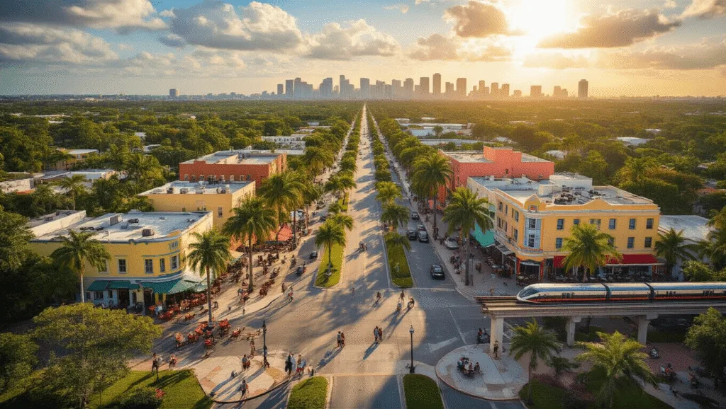 Why Hialeah in April Will Blow Your Mind: The Ultimate Insider's Guide "Aerial view of Hialeah, Florida showcasing its grid system, Cuban-American neighborhoods, Amelia Earhart Park, outdoor cafes, art deco buildings, and Miami Metrorail in vibrant colors under the golden sunlight."