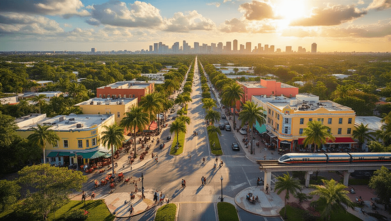 "Aerial view of Hialeah, Florida showcasing its grid system, Cuban-American neighborhoods, Amelia Earhart Park, outdoor cafes, art deco buildings, and Miami Metrorail in vibrant colors under the golden sunlight."