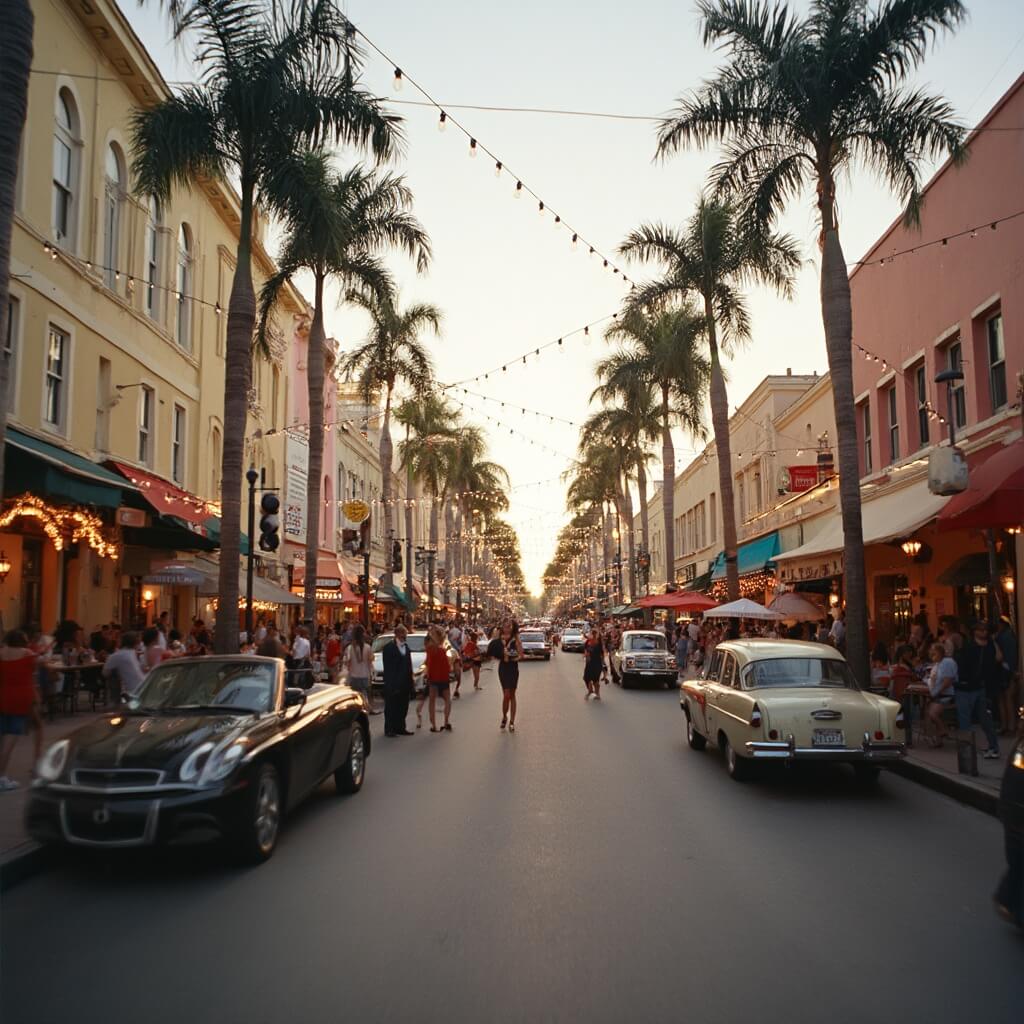 Downtown Hialeah during graduation season with pastel-colored historic buildings, restaurant patios occupied by families, graduates taking photos, swaying palm trees, a mix of modern and vintage cars, and festive string lights illuminated by warm evening lighting.