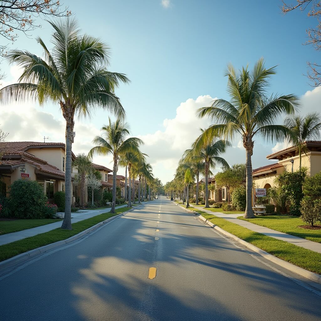 Peaceful residential street in Hialeah in November with palm trees, modern Spanish-style homes, for sale signs, and pristine landscaping under a bright blue sky with light autumn clouds