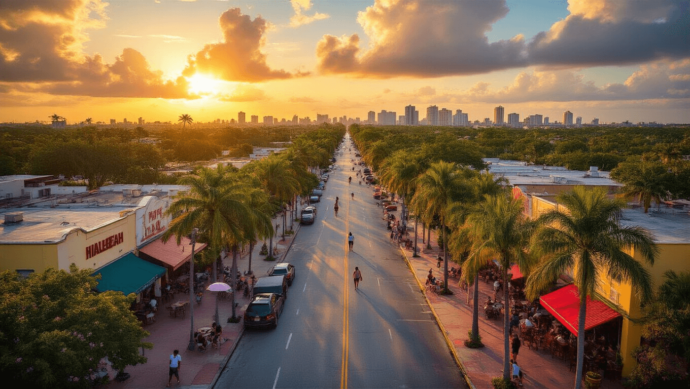 "Aerial view of Hialeah, Miami-Dade County at golden hour sunset showcasing Palm Avenue with local businesses, palm trees, residents at outdoor cafes, and Hialeah Park Casino in the background, under a sky with dramatic pre-summer clouds and distant thunderstorm."