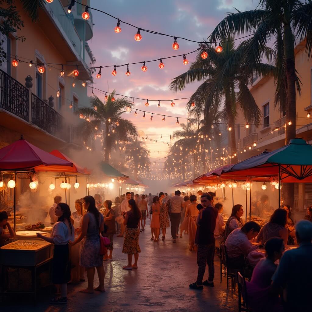 Evening street festival in Hialeah with warm globe lights, colorful food stalls, people dancing to live music, and palm trees against a purple-orange sky.
