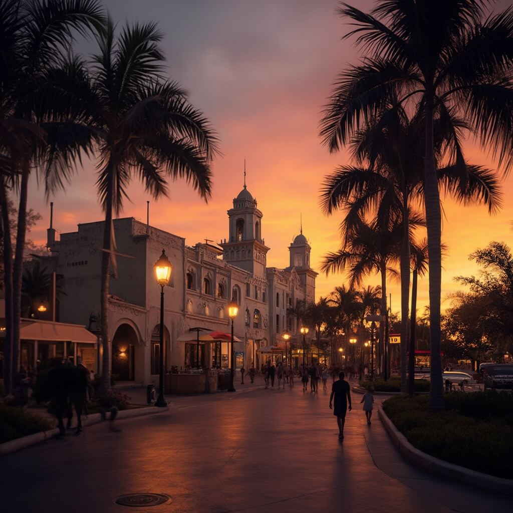 Hialeah Park Racing & Casino building during golden hour with palm tree silhouettes, Spanish Colonial architecture and families strolling under vintage streetlamps against sunset sky