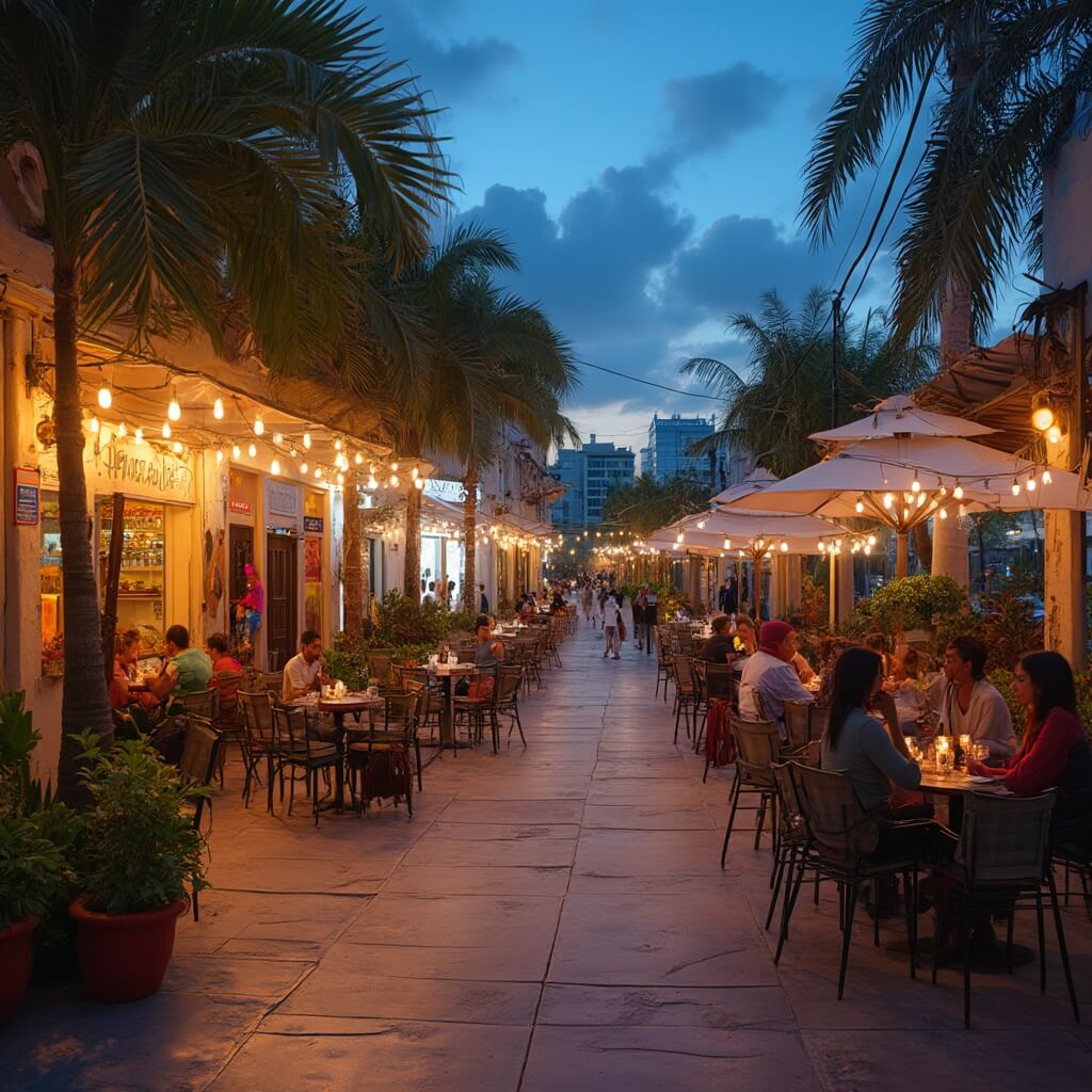 Diners enjoying evening at Hialeah's outdoor plaza with Miami skyline in background, lit by string lights and surrounded by tropical plants and art installations