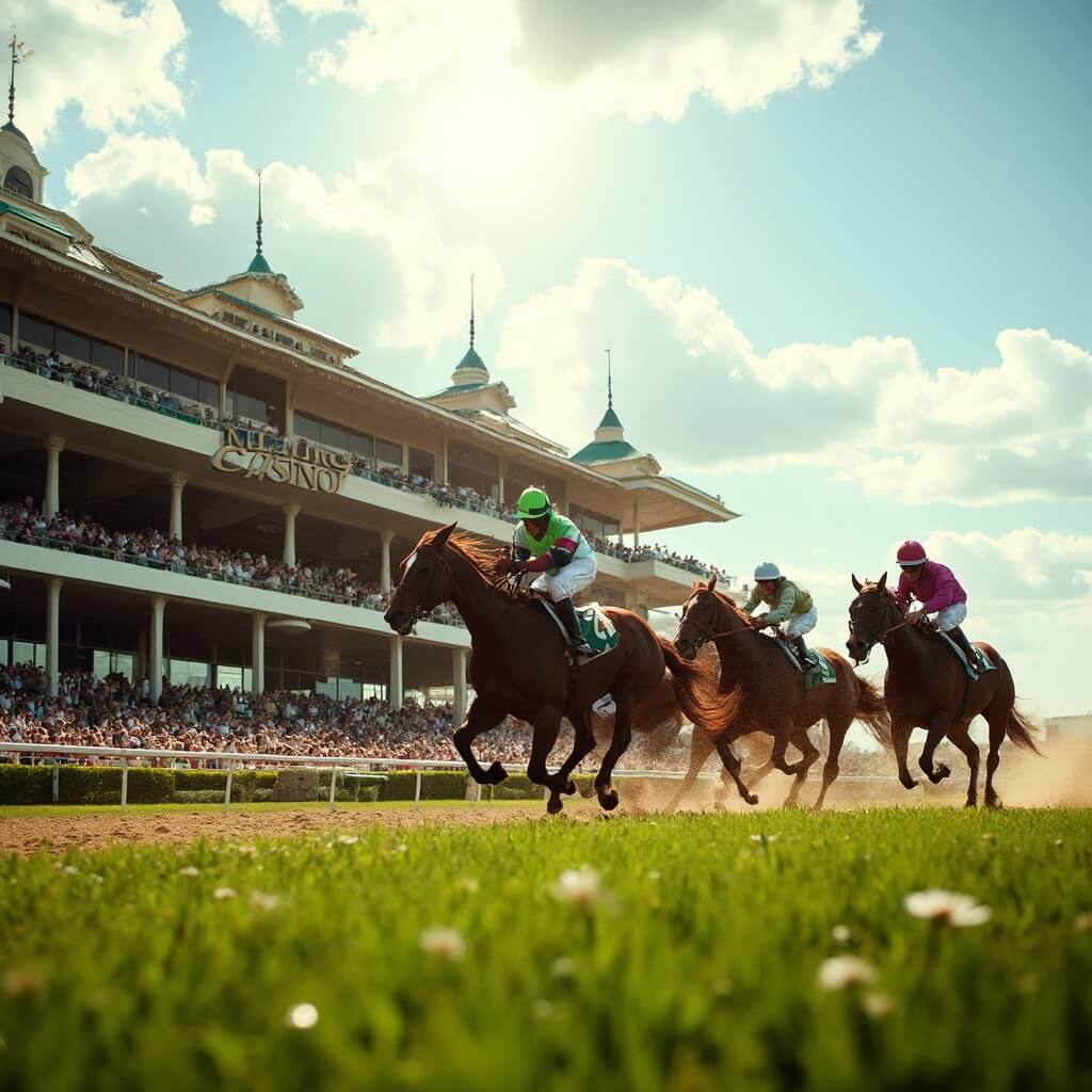 Hialeah Park Racing & Casino exterior with elegant thoroughbred horses racing on a pristine track, surrounded by Florida's lush landscape, under bright February sunlight, and a bustling, excited crowd in casual attire.