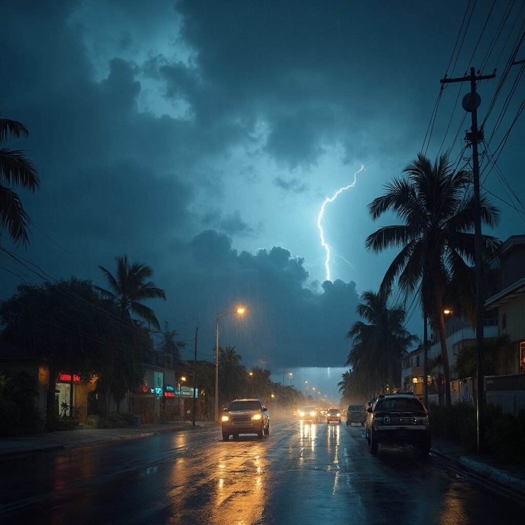 Dramatic afternoon thunderstorm in Hialeah with dark clouds, distant lightning, wet streets reflecting city lights and swaying palm trees in a humid, cinematic weather scene