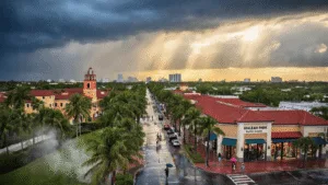 Hialeah in June: Your Ultimate Survival Guide to South Florida's Summer Hotspot "Dramatic aerial view of Hialeah, Florida, showcasing a stormy afternoon with dark clouds, sunshine breaking through, swaying palm trees, Spanish-style architecture, landmarks like Hialeah Park Racing & Casino and East 49th Street, people rushing with umbrellas and gleaming modern buildings, embodying a tropical South Florida summer."