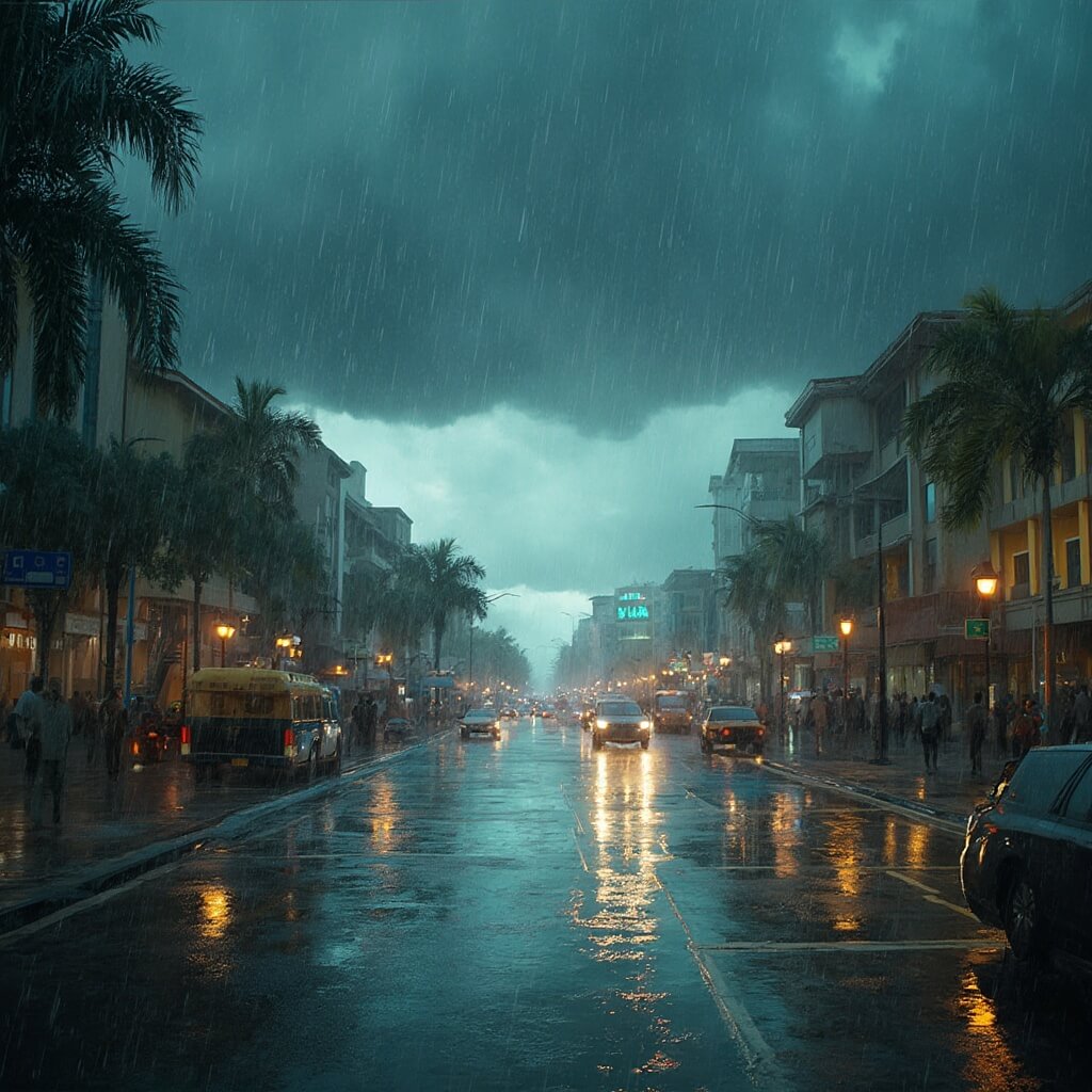 Dramatic afternoon thunderstorm in Hialeah with heavy rainfall, people seeking shelter, and wet pavement reflecting modern buildings and classic Florida architecture under dark storm clouds and humid conditions.