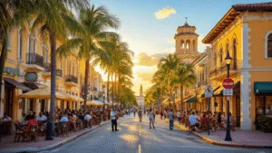Hialeah in March: Your Insider's Guide to Florida's Hidden Gem "Street musician playing salsa music on a vibrant Hialeah, Florida street lined with palm trees, Cuban architecture, outdoor cafes, and pastel buildings bathed in golden sunset light with Hialeah Park's architecture in the background."
