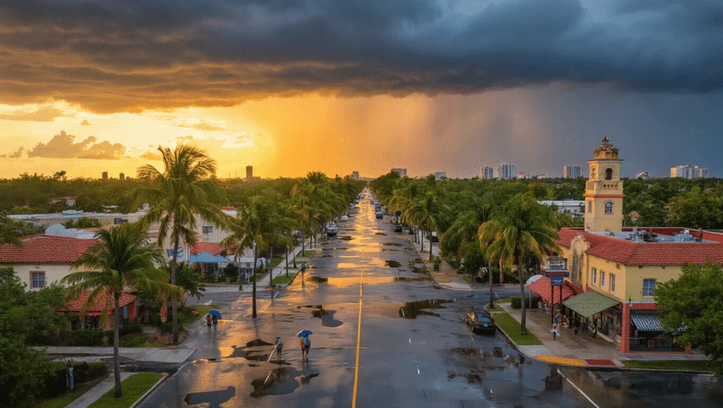 September in Hialeah: Your Ultimate Tropical Adventure Guide (Warning: Hurricanes Might Crash Your Party!) "Aerial view of Hialeah, Florida highlighting Latin American-influenced architecture, residents preparing for a hurricane, and reflection of storm clouds and sunset rays in puddles"