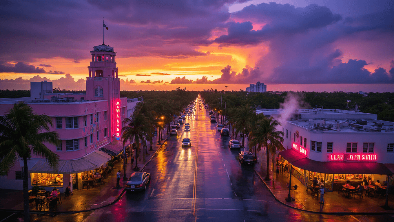 "Aerial view of Hialeah, Florida at sunset featuring rain-soaked streets reflecting neon lights, distinctive pink architecture of Hialeah Park Casino, colorful murals of Leah Arts District, and patrons under café awnings amid a backdrop of a stormy purple-orange sky; capturing tropical weather and Cuban-American culture."