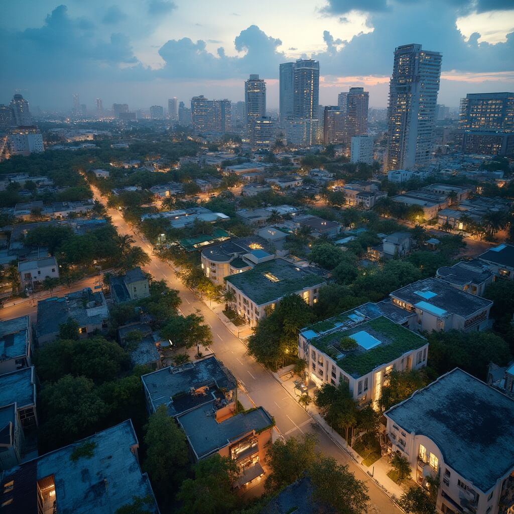 Aerial view of Hialeah at dusk highlighting sustainable infrastructure, mixture of modern and traditional architecture, and contrasting residential and commercial zones