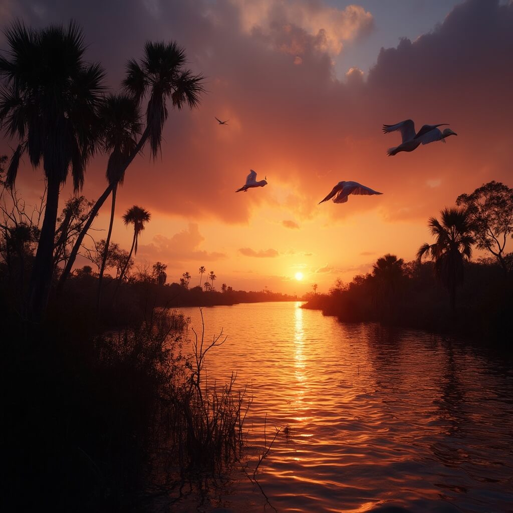 Dramatic sunset over Indian River Lagoon featuring silhouetted palm trees, flying Roseate Spoonbills, shoreline mangroves, and evening clouds in an orange-purple sky.