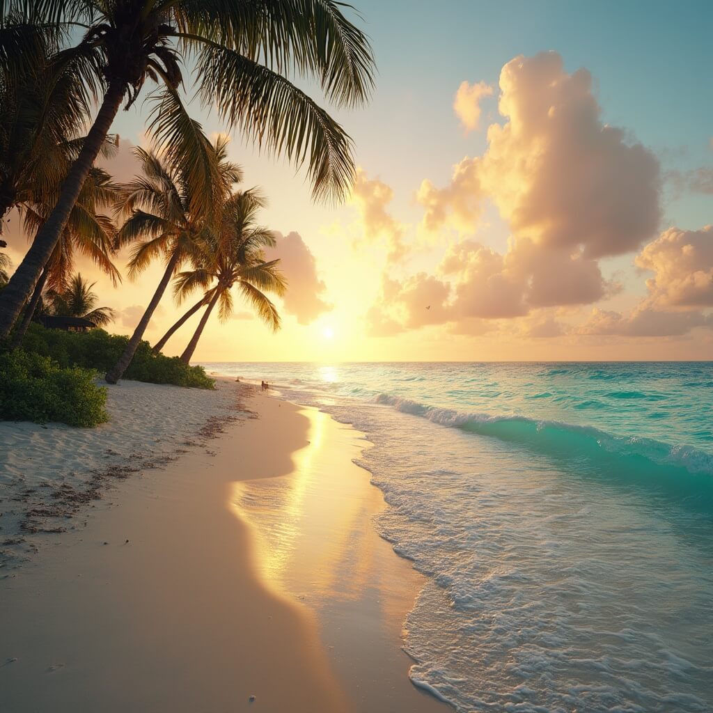 Golden hour at Jensen Beach with turquoise water, sandy shore, silhouette of palm trees against sunset sky, gentle waves and vibrant tropical colors