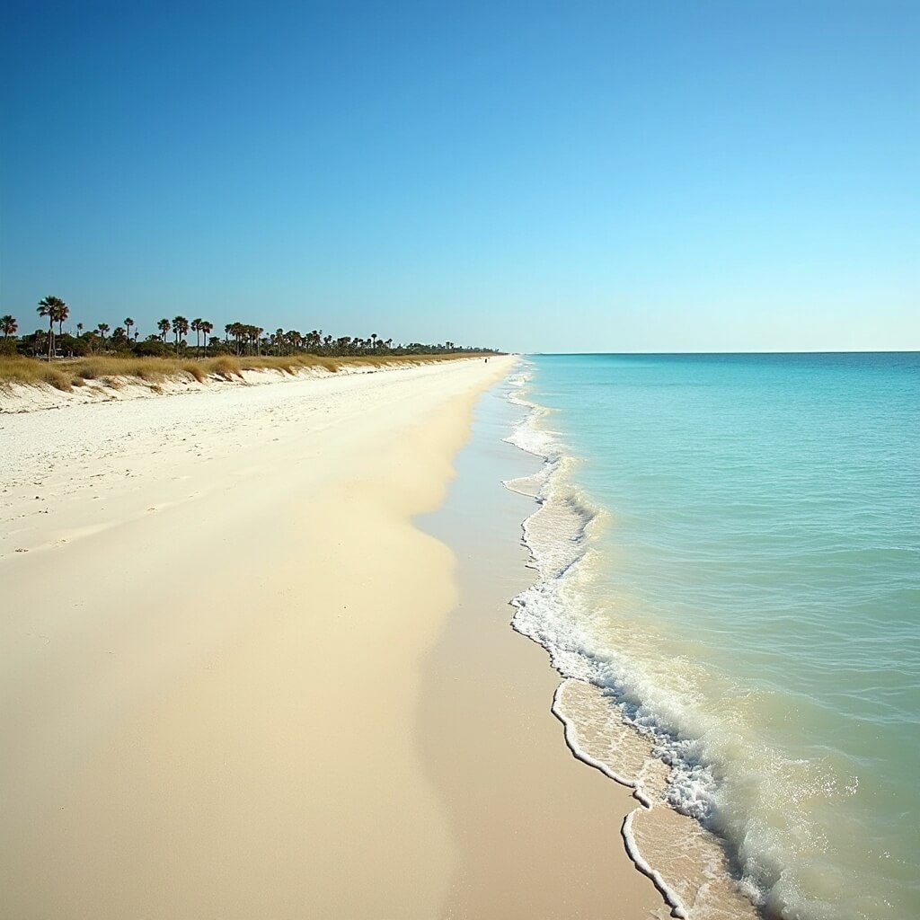 Winter sunlight view of peaceful John Brooks Beach in Port St. Lucie with golden sand, turquoise waters, gentle waves, empty shoreline, distant palm trees and natural coastal vegetation