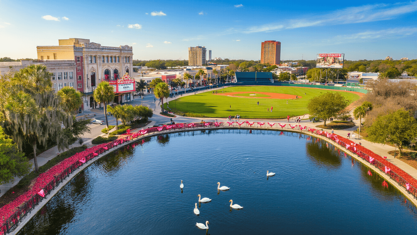 "Aerial view of downtown Lakeland, Florida with Lake Mirror, swans, Polk Theatre, spring training baseball players, Valentine's Day decorations, strawberry fields, palm trees, and Spanish moss on a sunny February day."