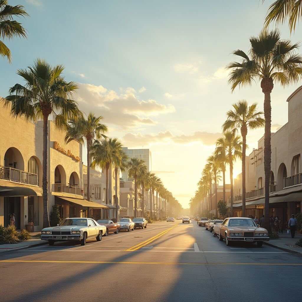 Escape the Freeze: Why Lakeland, Florida is Your January Paradise Downtown Lakeland in golden January sunlight featuring Frank Lloyd Wright architecture, palm trees, vintage cars, pedestrians, and manicured sidewalks in a soft pastel color palette