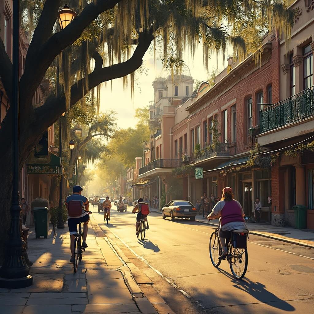 Historic downtown Lakeland at golden hour with brick buildings, wrought iron balconies, tree-lined streets, people on bicycles, and architectural features of Art Deco and Mediterranean Revival styles in warm February sunlight