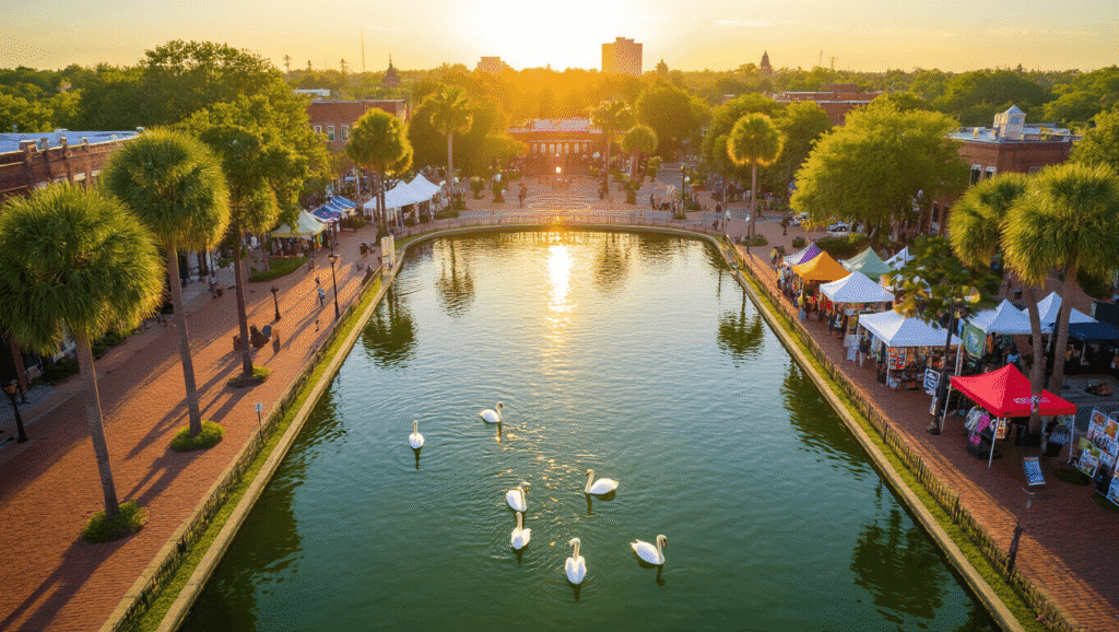 Why Lakeland, Florida in May Will Blow Your Mind: A Local's Ultimate Guide "Aerial view of downtown Lakeland, Florida with Lake Morton, swans, palms, Munn Park, art festival tents, Lake Mirror amphitheater, blooming magnolias, and vibrant flowers in bright May sunlight."