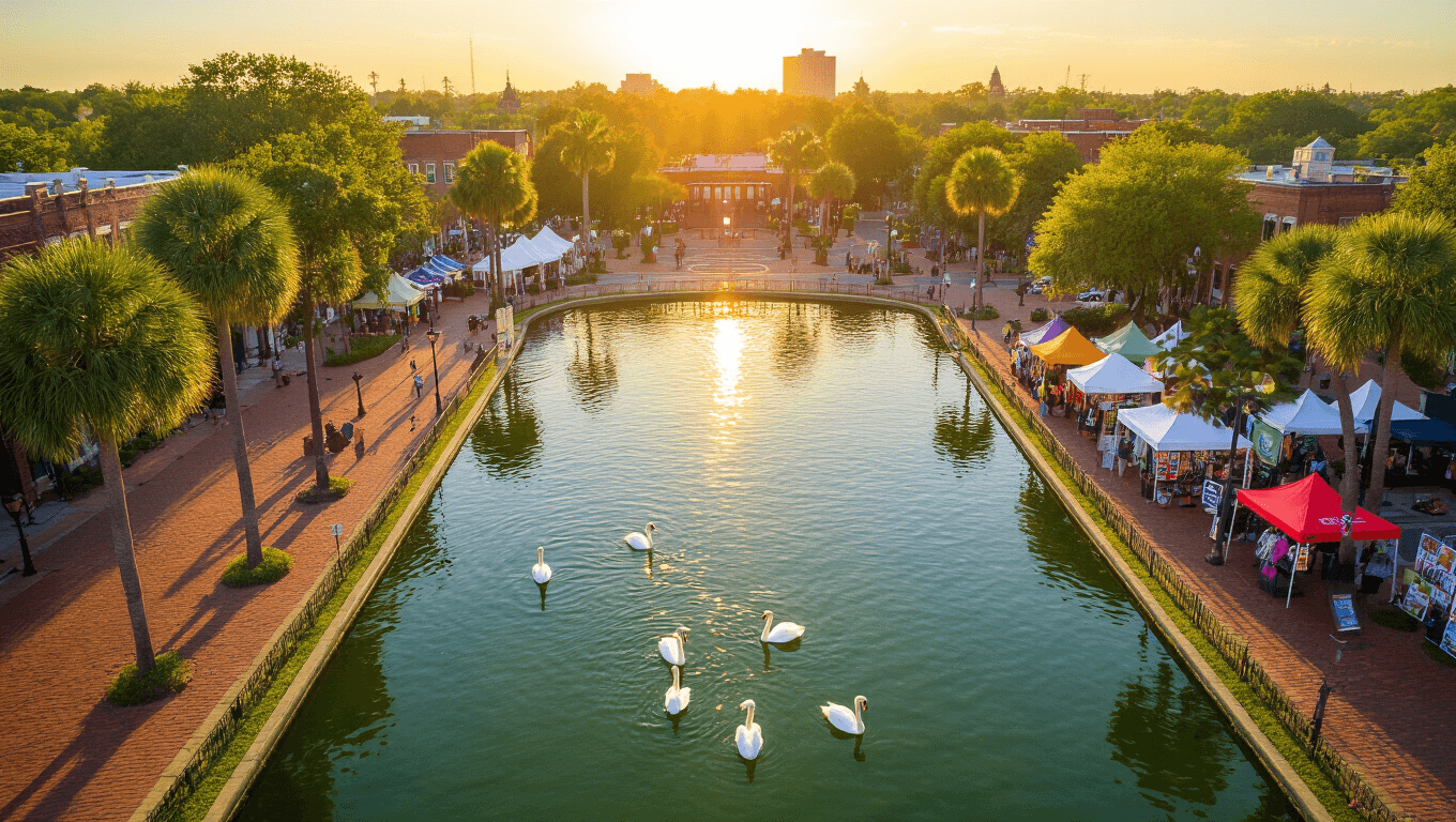 "Aerial view of downtown Lakeland, Florida with Lake Morton, swans, palms, Munn Park, art festival tents, Lake Mirror amphitheater, blooming magnolias, and vibrant flowers in bright May sunlight."