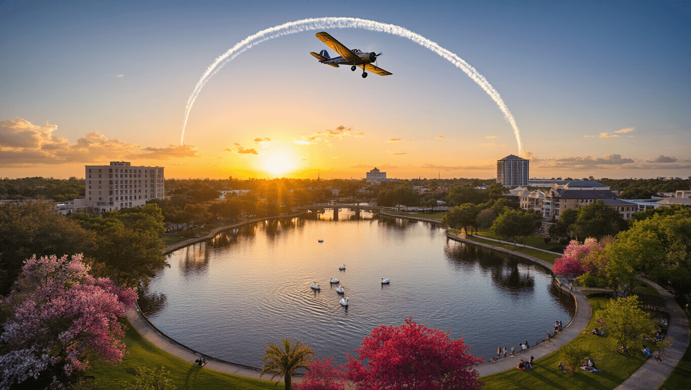 "Aerial view of Lakeland, Florida in April evening with swan boats on Lake Mirror, vintage aircraft in sky, modern and historical buildings, greenery of Bonnet Springs Park, and people enjoying lakeside picnics"