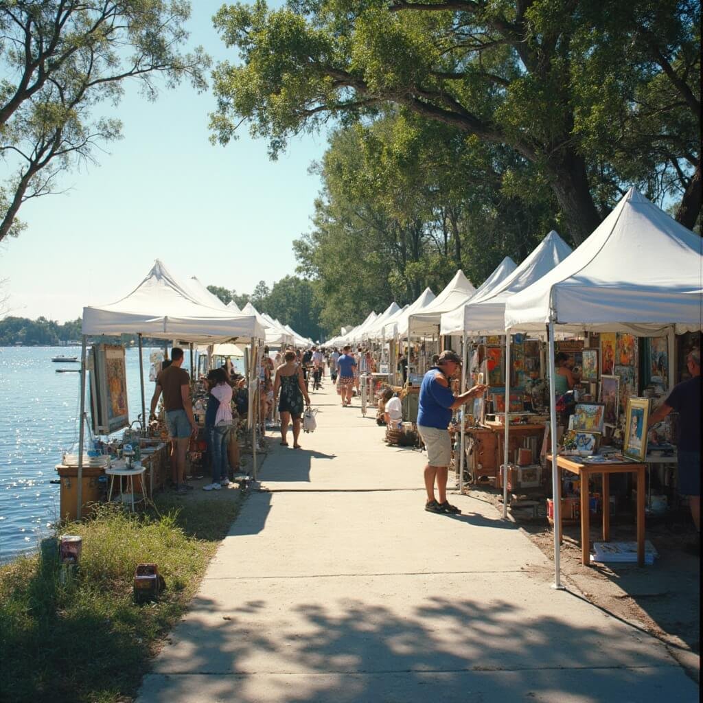 Why Lakeland, Florida in May Will Blow Your Mind: A Local's Ultimate Guide Bustling art festival at Mayfaire by-the-Lake with white artist booths, colorful art displays, local artists at work, lake with sparkling water and green trees in the Florida sun.