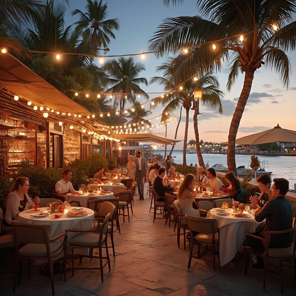 Photorealistic image of a bustling restaurant scene on Las Olas Boulevard at dusk, featuring al fresco dining, string lights, palm trees, colorful seafood dishes, and chic diners under warm golden lighting