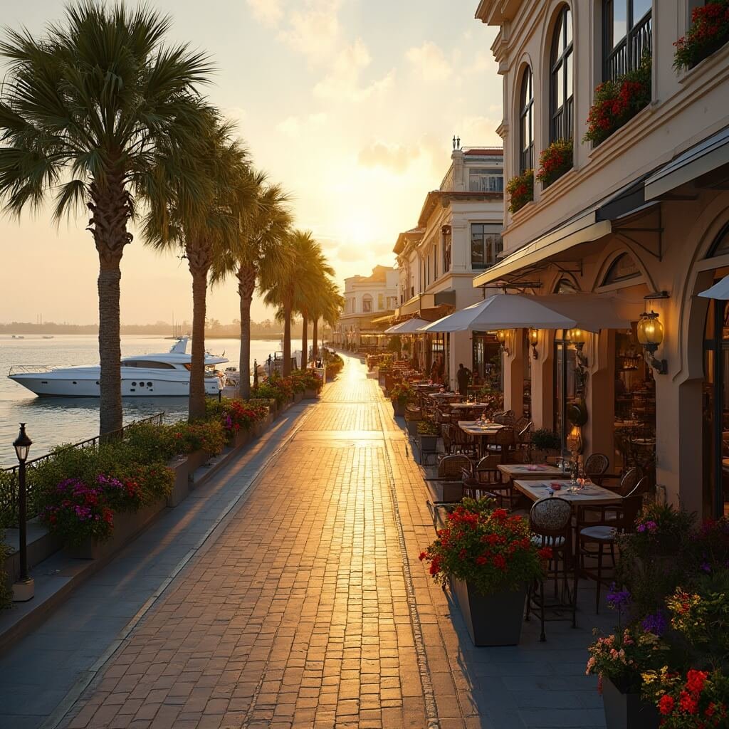 Aerial view of palm-lined Las Olas Boulevard at golden hour, featuring outdoor dining, Mediterranean-style buildings, luxury boats along the waterway, and vibrant tropical flowers