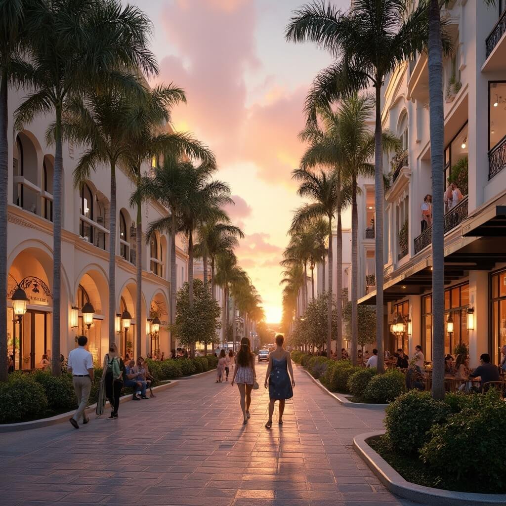 Fort Lauderdale in March: Your Ultimate Sunshine Escape (That'll Make Your Instagram Followers Jealous) Golden hour view of Las Olas Boulevard with pastel-colored buildings, palm trees, boutique shops, outdoor cafes, people enjoying the evening, and a warm orange and pink sunset sky