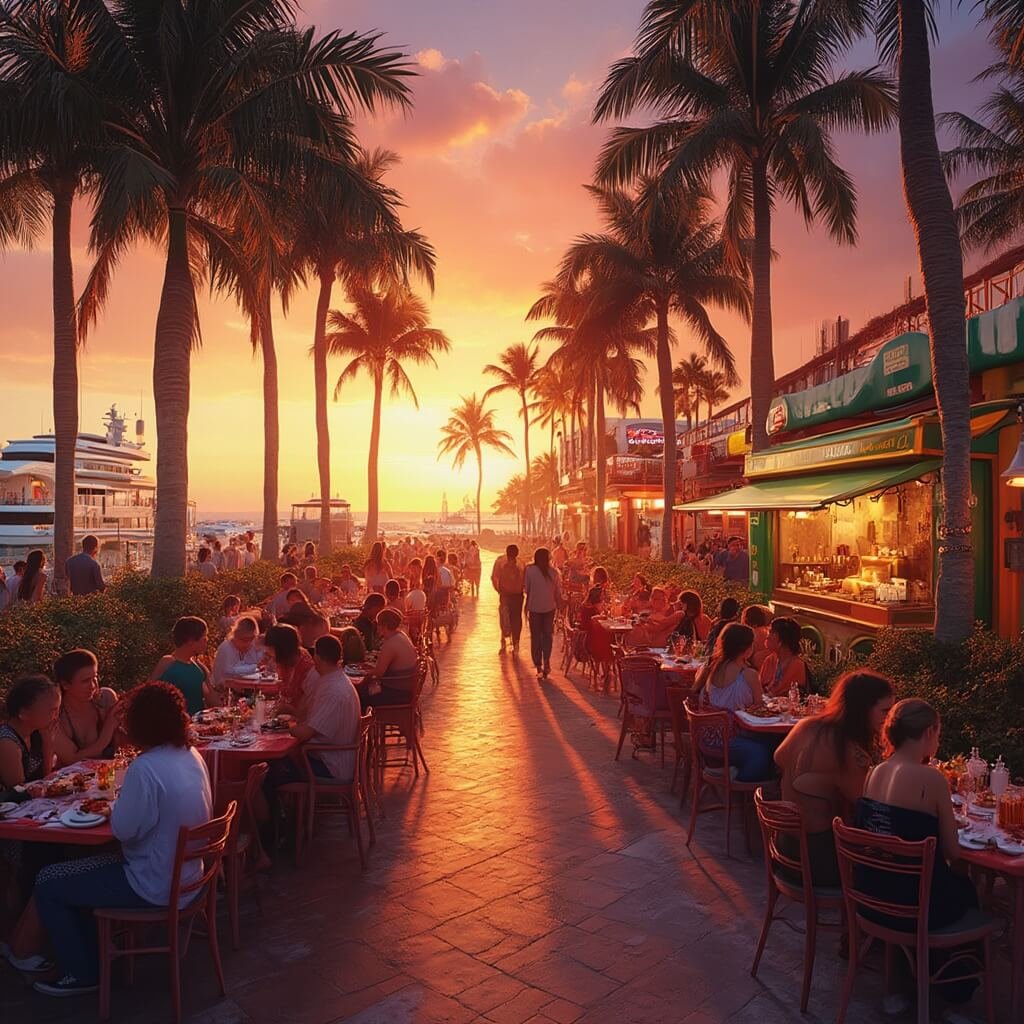 Diverse diners at outdoor cafe tables under a vibrant sunset and silhouetted palm trees on Las Olas Boulevard, Fort Lauderdale, with colorful food trucks lined up and luxury yachts moored in the background