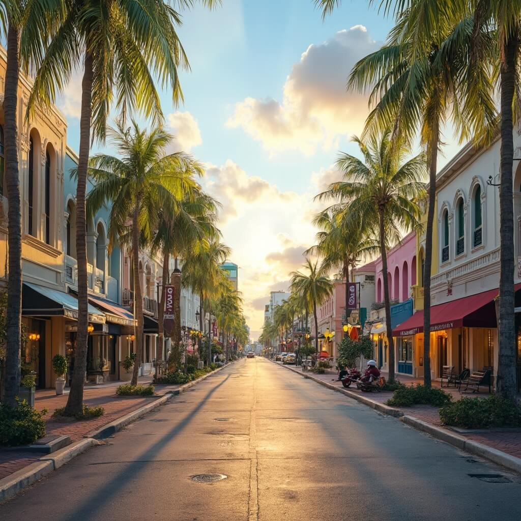 Late afternoon view of Las Olas Boulevard with tropical architecture, colorful boutique storefronts, palm trees and vintage Florida style buildings under warm sunlight