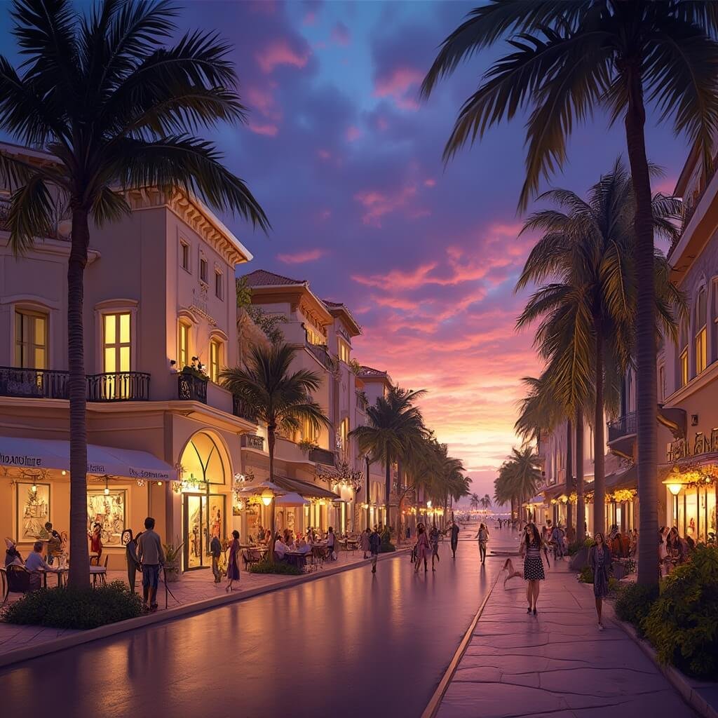 Twilight scene of Las Olas Boulevard in Fort Lauderdale with glowing Mediterranean-style buildings, palm trees, outdoor cafes, local artists' displays, well-dressed locals and visitors strolling past boutiques and galleries under a purple-orange sunset sky.