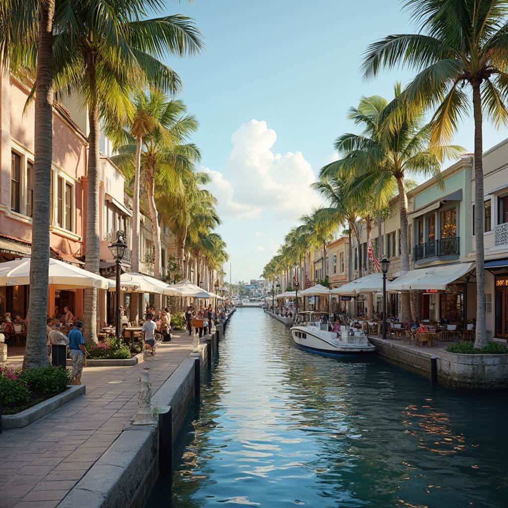 Las Olas Boulevard waterfront scene featuring palm-lined sidewalks, outdoor cafes, historic architecture, pastel buildings, and boats in the distance under warm November sunlight