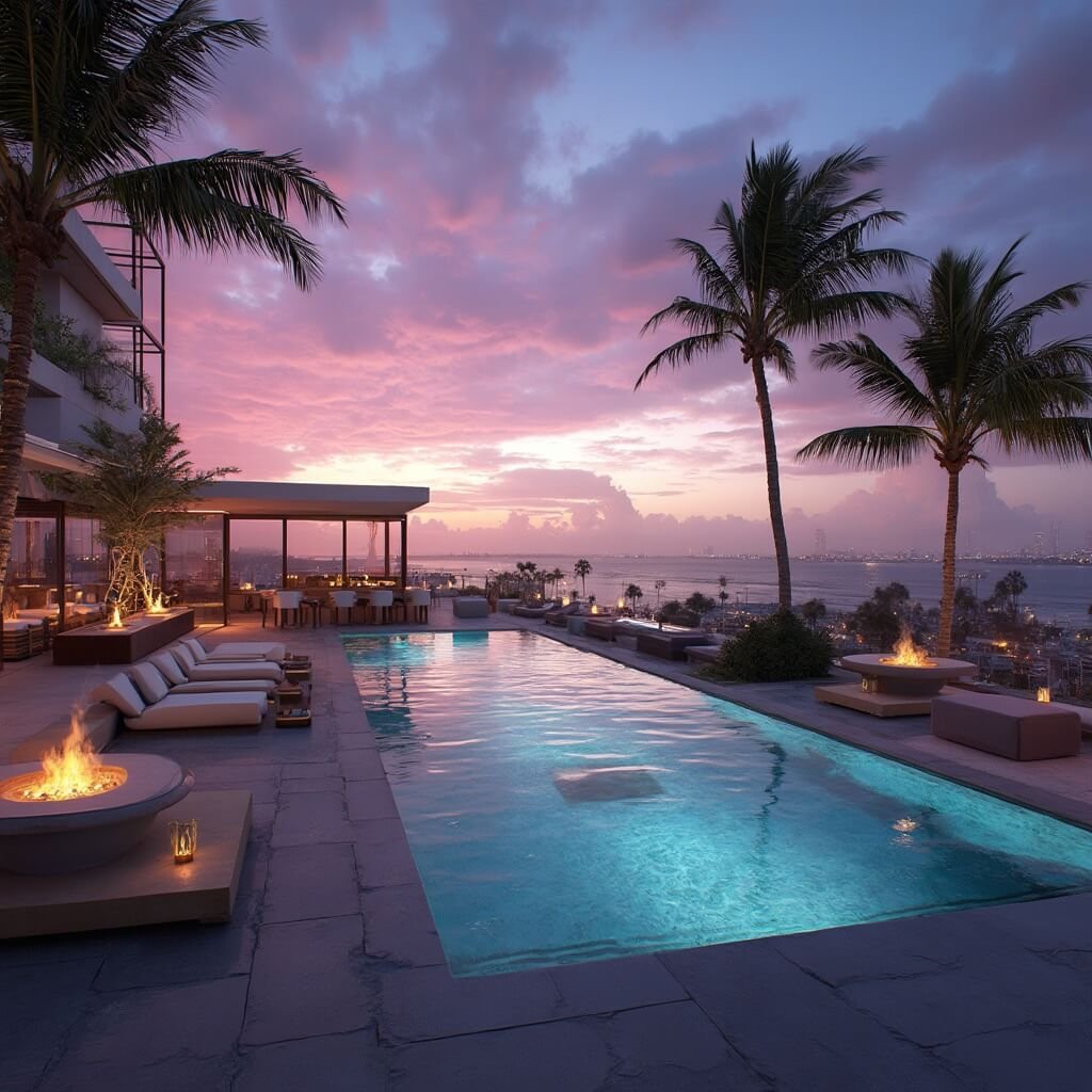 Luxurious beachfront rooftop lounge at twilight in Fort Lauderdale with infinity pool reflecting pink and purple sky, elegant outdoor seating with fire pits, swaying palm trees, ocean and city skyline in the background, and atmospheric lighting.