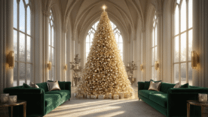 Luxury Christmas Decor 2025: Transform Your Home into a Glamorous Holiday Wonderland A luxurious grand living room with cathedral ceilings, featuring a 12-foot frosted champagne-gold Christmas tree adorned with crystal and pearl ornaments, emerald green velvet sofas, metallic throw pillows, and marble floors, all illuminated by warm LED lighting and golden hour sunlight streaming through large windows.
