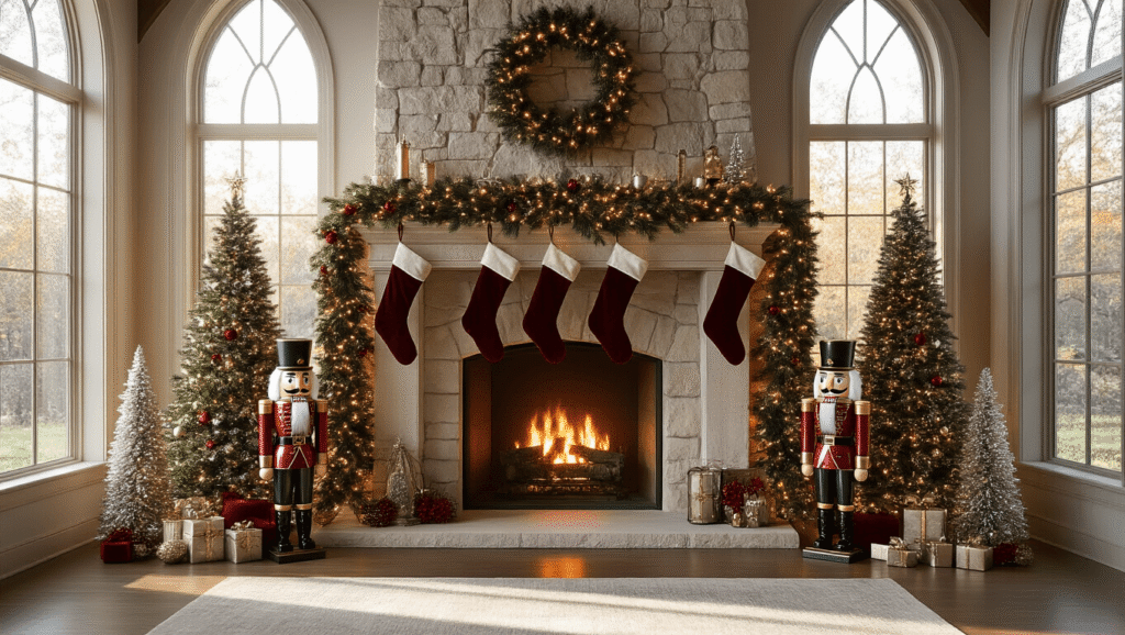 Magical Christmas Mantle Decor: Transform Your Fireplace into a Festive Wonderland A luxurious Christmas mantle adorned with a pine garland, velvet ribbons, antique nutcrackers, and golden-trimmed stockings, set against a grand cathedral-style living room with a majestic fireplace and tall windows letting in warm sunlight.