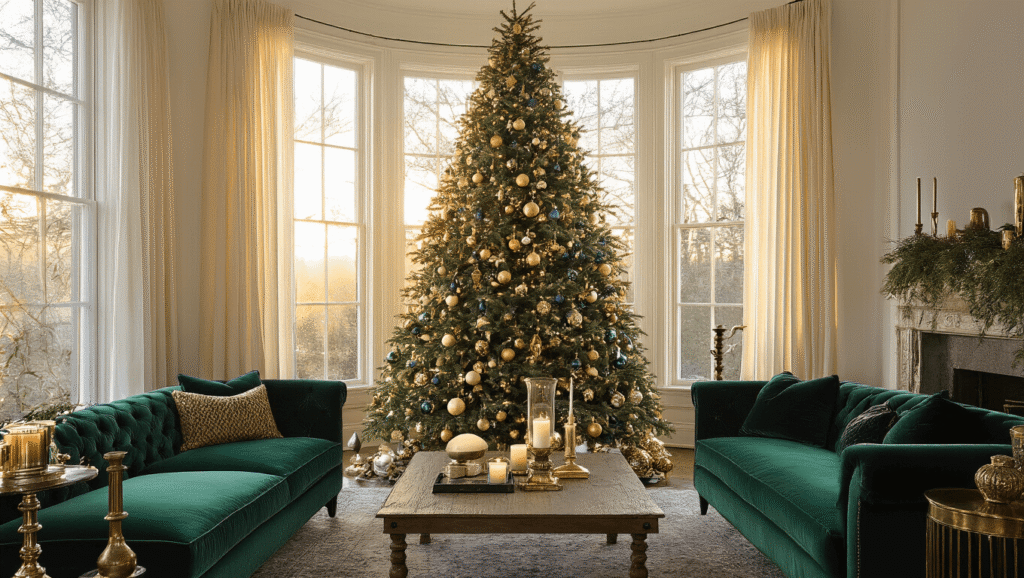 Christmas 2025 Decor: Old World Charm Meets Modern Elegance A cinematic wide-angle shot of an elegant living room at golden hour, featuring a flocked Christmas tree adorned with vintage ornaments, rich velvet furnishings, and warm accents, creating a cozy and luxurious atmosphere.