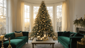 Christmas 2025 Decor: Old World Charm Meets Modern Elegance A cinematic wide-angle shot of an elegant living room at golden hour, featuring a flocked Christmas tree adorned with vintage ornaments, rich velvet furnishings, and warm accents, creating a cozy and luxurious atmosphere.