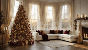 Magical Christmas Living Room Decor: Your Ultimate Guide to Festive Home Styling A luxurious living room at golden hour with a pre-lit Christmas tree adorned with vintage ornaments, a plush sectional sofa, and a beautifully decorated fireplace, all illuminated by warm natural light.