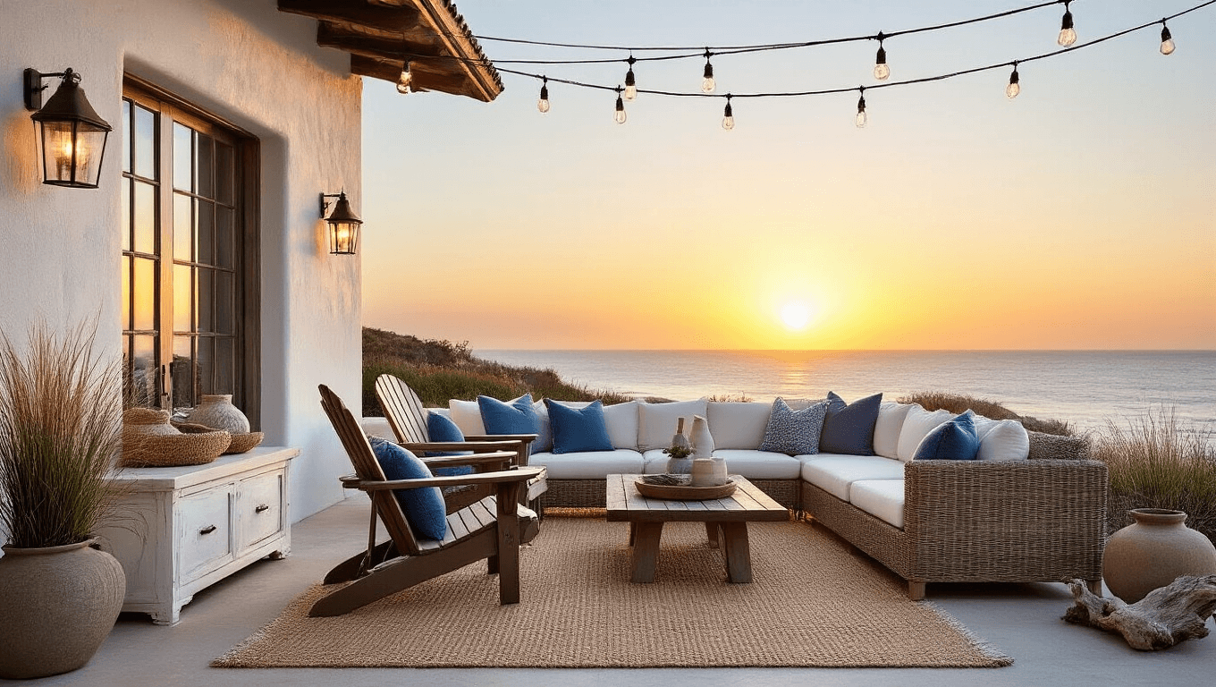 A luxurious coastal patio at sunset featuring a teak Adirondack chair, rattan sectional with layered pillows, a jute rug, and decorative driftwood, illuminated by string lights and lanterns.