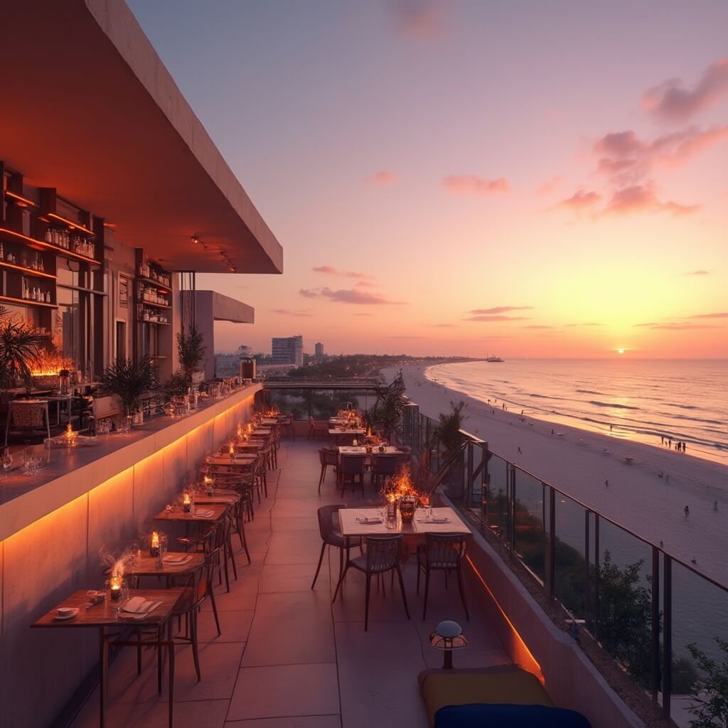 Minimalist rooftop bar at sunset with luxurious outdoor seating, craft cocktails, overlooking Gulf Coast and a distant beach silhouette under a vibrant orange and purple sky, with no people in the foreground