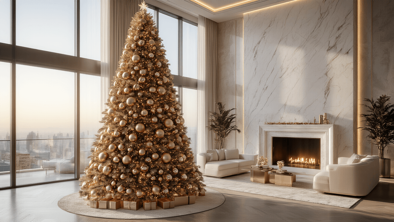 A breathtaking 14-foot Christmas tree adorned with metallic rose gold and champagne ornaments stands majestically in a luxurious double-height penthouse, illuminated by warm white LED lights and sunlight streaming through floor-to-ceiling windows, complemented by a modern cream and taupe interior.