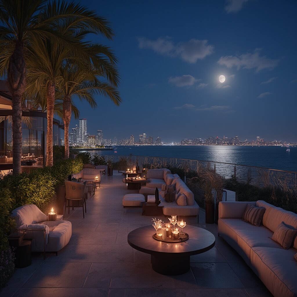 Luxurious rooftop bar terrace at night with lounge seating, ambient lighting, tropical plants, and craft cocktails on sleek tables, overlooking Fort Lauderdale's skyline and coastline with moonlight reflecting on the ocean