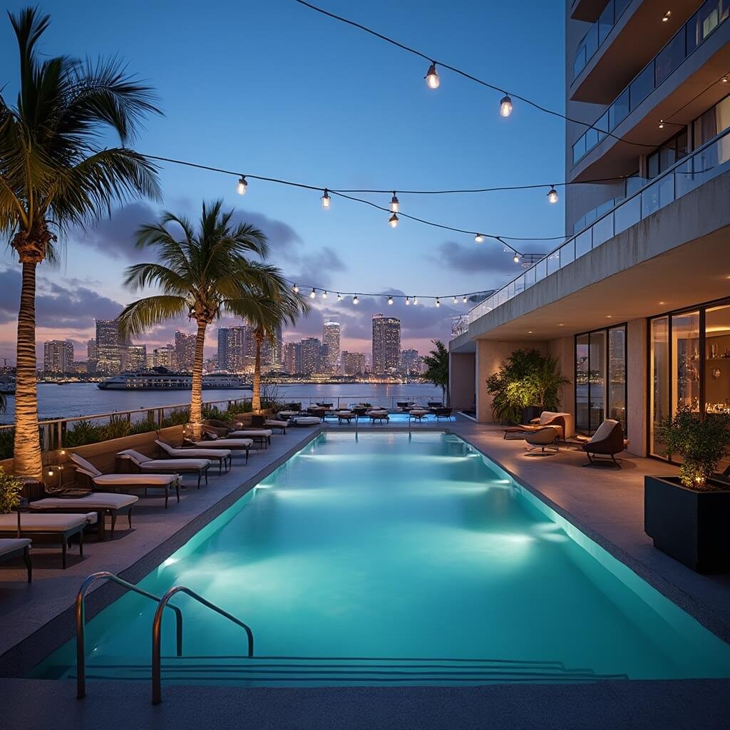 Rooftop lounge in Fort Lauderdale with infinity pool, cityscape view, string lights, cabanas, modern furniture, and palm trees at dusk