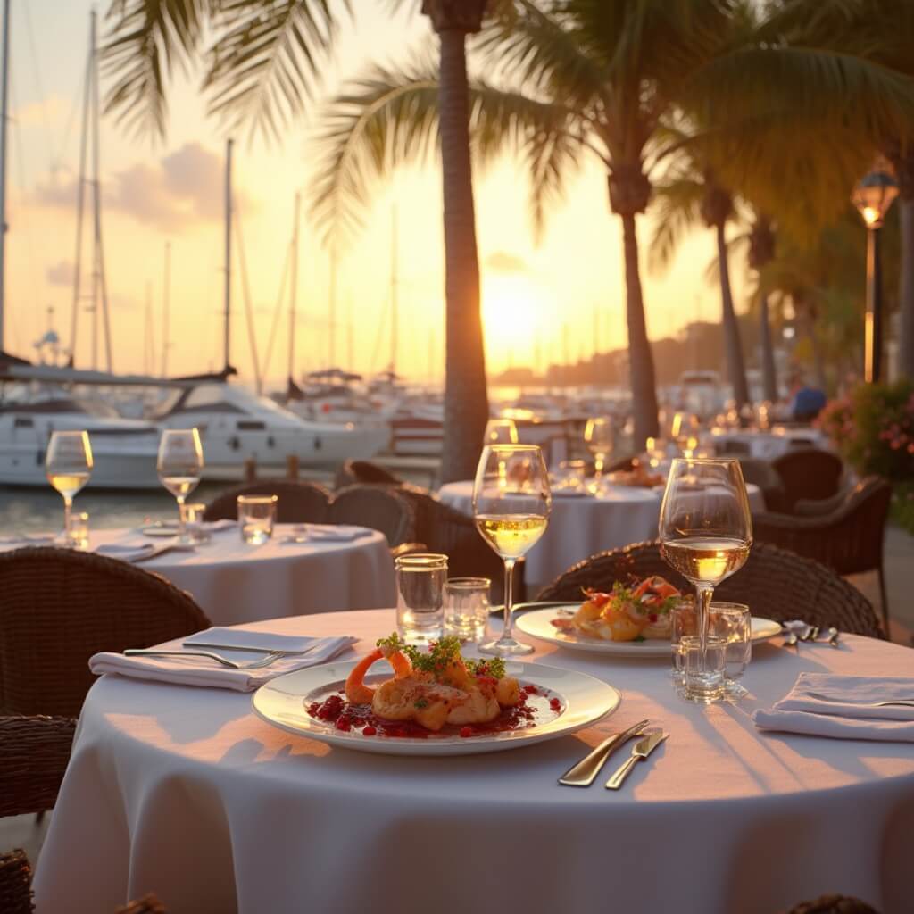 Elegant waterfront dining scene at sunset with tables set with white linens, wine glasses, and seafood plates, overlooking a marina filled with boats, bathed in golden light with palm trees in the background.