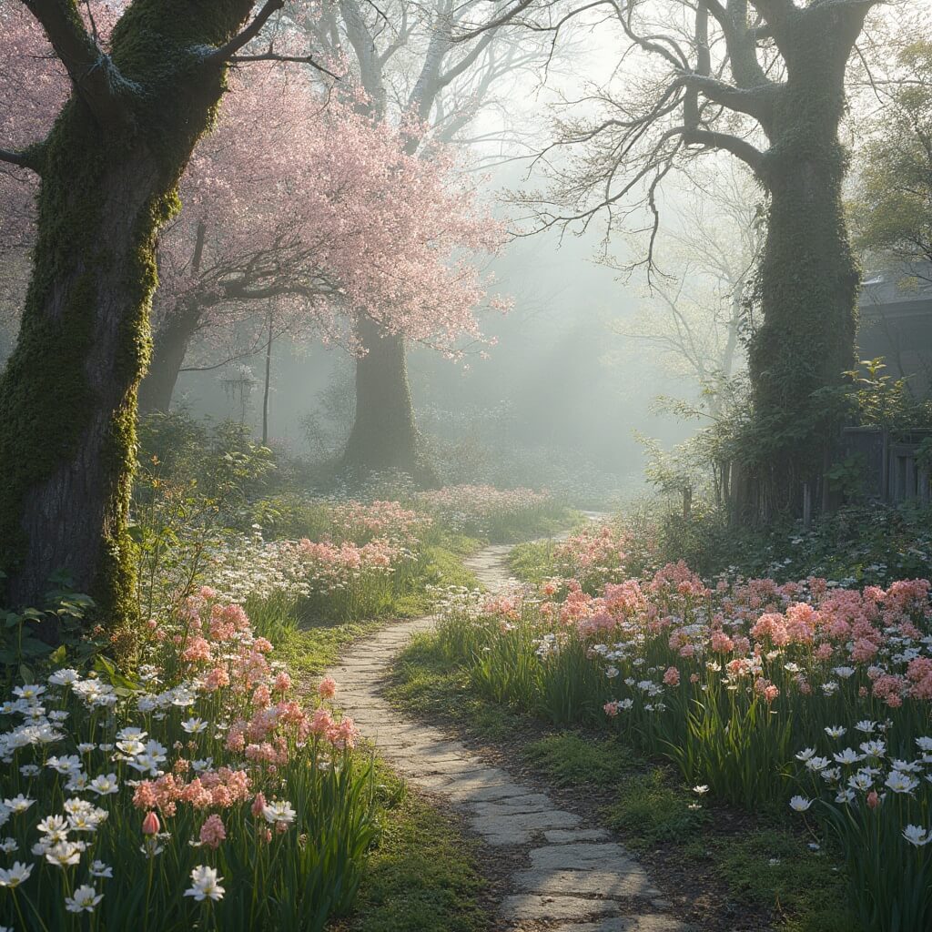 Early spring flowers blooming in misty Alfred B. Maclay Gardens, framed by moss-covered trees and soft natural light transitioning from winter to spring.